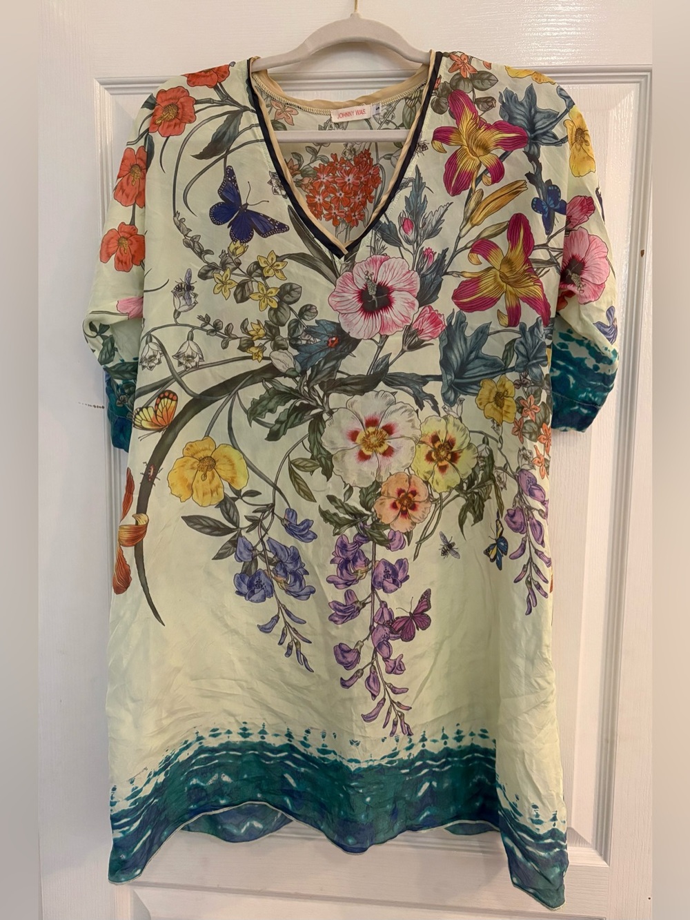 Johnny Was Silk Floral Butterfly V-Neck Tunic Dress Boho Multicolor Medium